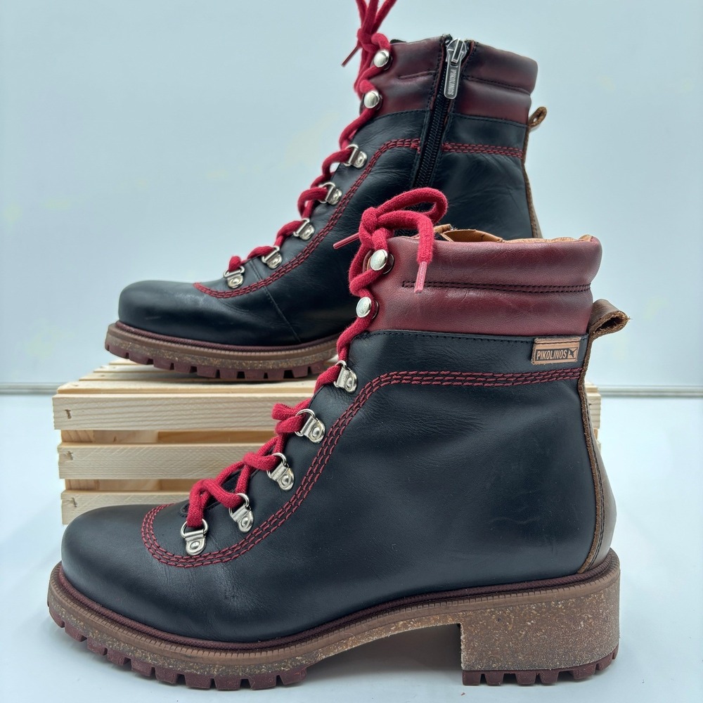 Pikolinos Aspe Leather Boots Women's 8.5 EU 39 Black Zip Combat Hiker Red Lace